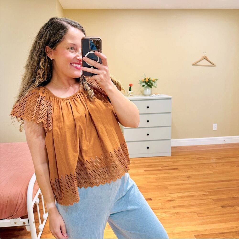 THE GREAT. Rust Orange Cotton Scallop Eyelet Top 1 Small